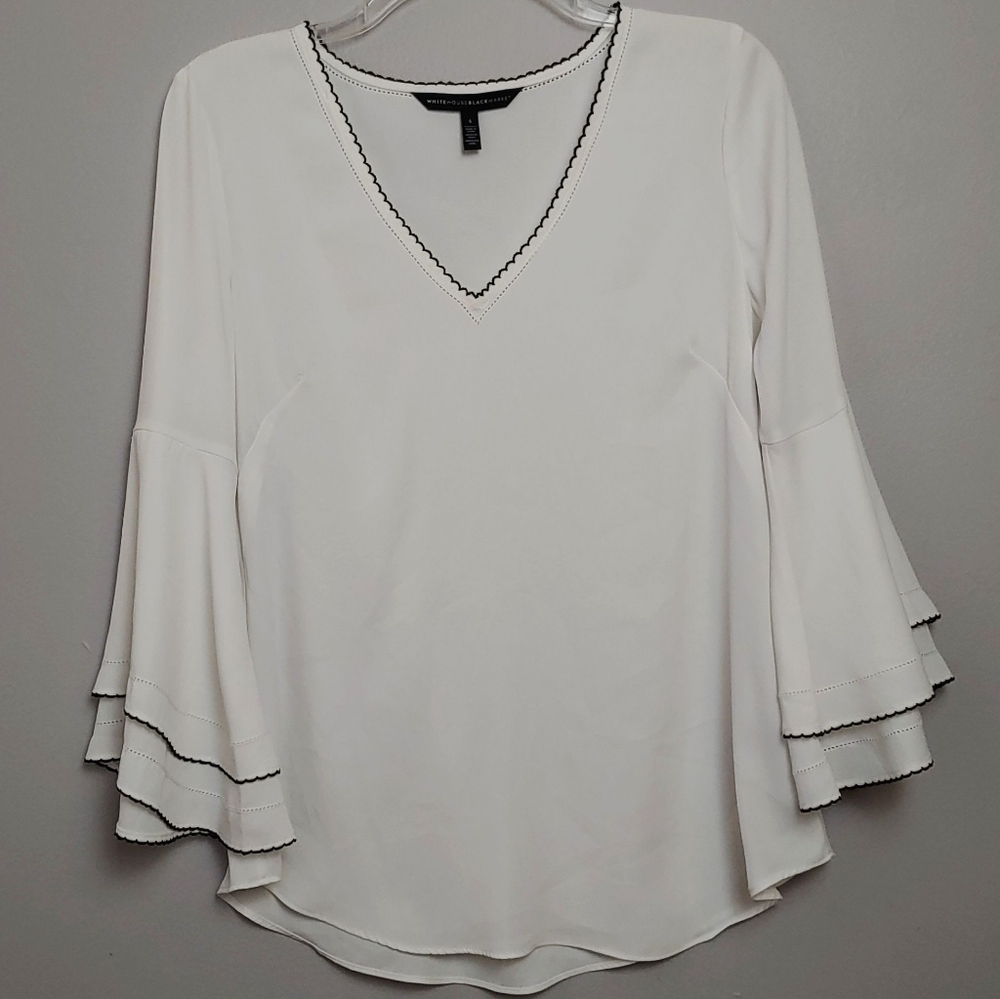 WHBM tiered ruffle sleeve v neck crochet trim top